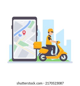 The delivery driver drives through a mobile phone with a map screen. online food delivery concept