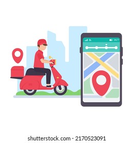 The delivery driver drives through a mobile phone with a map screen. online food delivery concept