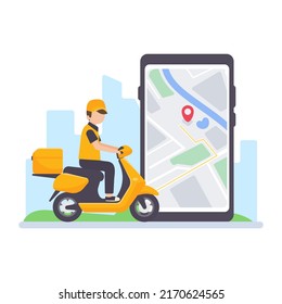 The delivery driver drives through a mobile phone with a map screen. online food delivery concept