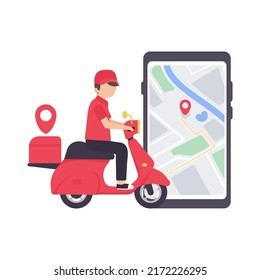 The delivery driver drives through a mobile phone with a map screen. online food delivery concept