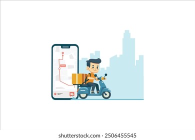The delivery driver drives through a mobile phone with a map screen. online food delivery concept.
