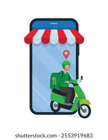 The delivery driver drives through a mobile phone with a map screen. online food delivery concept stock illustration