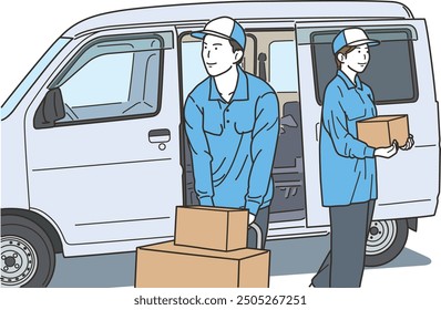 Delivery driver man and woman carrying cardboard boxes on trolley in front of car