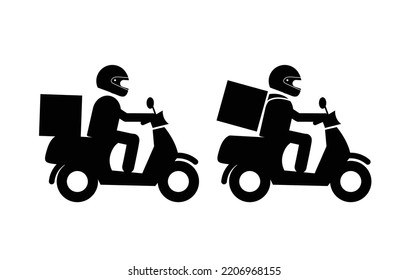 Delivery driver on motorized scooter icon set vector symbol. Man with helmet on motorcycle. Food fast delivery service symbol.