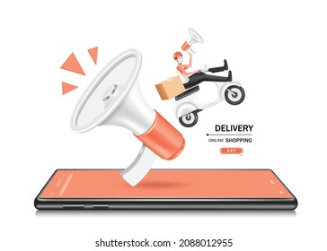 The delivery driver was on a scooter floating in midair. and holding a megaphone announcing promotions and having a big megaphone next to it and all floating above the smartphone for delivery concept