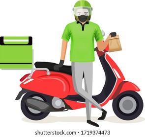 Delivery driver standing wearing mask with food