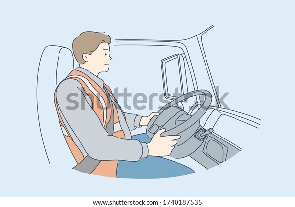 Delivery, driving concept. Young man or boy\
car driver cartoon character. Truck driver sitting in cabin of\
vehicle looks on road. Delivering services transportation and\
trucking industry\
illustration.