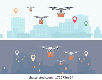 Delivery drone banner set - futuristic drones flying over day and night city landscape carrying cardboard box packages. Smart shipment technology - flat vector illustration.