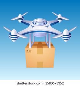 Delivery drone with a box, flying in the sky, vector