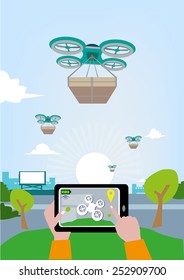 Delivery Drone with Box of Food or other goods. Eps10 graphic illustration.