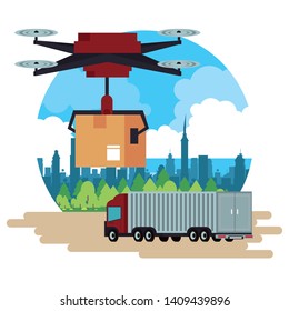 Delivery drone with box and truck at city scenery round frame vector illustration graphic design
