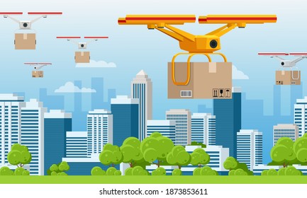 Delivery drone with the cardboard box flying over the town. Quadcopter carrying a package to customer. Technological shipment innovation. Drone delivery service .