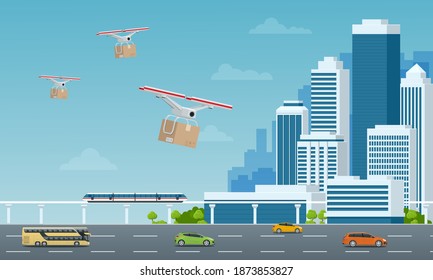 Delivery drone with the cardboard box flying over the town. Quadcopter carrying a package to customer. Technological shipment innovation. Drone delivery service .