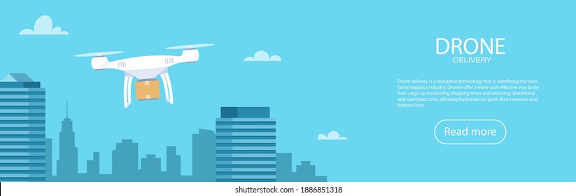 Delivery drone with the cardboard box flying over the town. Quadcopter carrying a package to customer. Technological shipment innovation. Drone delivery service