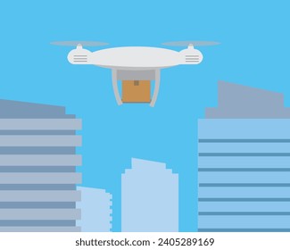 Delivery drone with the cardboard box flying over the town. Quadcopter carrying a package to customer. Technological shipment innovation. 