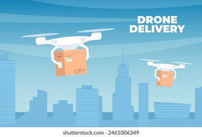 Delivery drone with the cardboard box flying over the town. Quadcopter carrying a package to customer. Technological shipment innovation. Drone delivery service