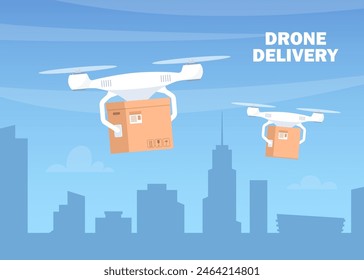 Delivery drone with the cardboard box flying over the town. Quadcopters carrying a package to customer. Technological shipment innovation. Drone delivery service