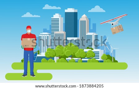 Delivery drone with the cardboard box flying over the town. Quadcopter carrying a package to customer. Technological shipment innovation. Drone delivery service .