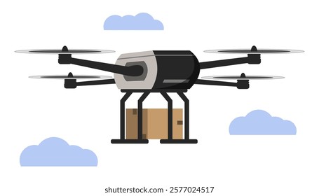 delivery drone carrying a package, flying amidst clouds, on a white background, modern logistics