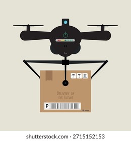 Lieferung Drohne Tragepaket. Zukünftige Logistik - Vektorgrafik. Konzept der futuristischen Logistik, automatisierter Versand, Lieferung der letzten Meile, E-Commerce und intelligente Technologie.