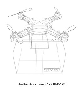 Delivery drone concept outline. Vector rendering of 3d. Wire-frame style. The layers of visible and invisible lines are separated