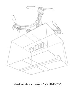 Esquema del concepto de drones de entrega. Representación vectorial de 3d. Estilo de marco de cables. Las capas de líneas visibles e invisibles están separadas