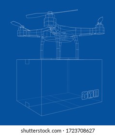 Esquema del concepto de drones de entrega. Representación vectorial de 3d. Estilo de marco de cables. Las capas de líneas visibles e invisibles están separadas