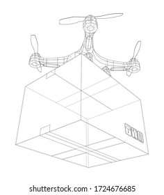 Delivery drone concept outline. Vector rendering of 3d. Wire-frame style. The layers of visible and invisible lines are separated