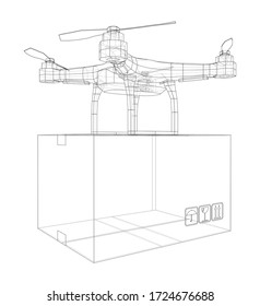 Esquema del concepto de drones de entrega. Representación vectorial de 3d. Estilo de marco de cables. Las capas de líneas visibles e invisibles están separadas