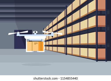 delivery drone flying air shipment warehouse interior parcel box on rack logistic cargo service concept rows shelves goods storage horizontal flat vector illustration