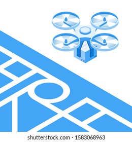 Delivery drone is flying over the map of the city, carrying a box
