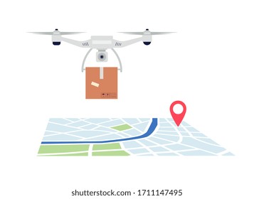 Avión teledirigido de entrega con caja de paquetes sobre el mapa con símbolo de ubicación - paquete futurista de cartón cuadrillero transportador a punto de destino, Ilustración vectorial aislada plana.