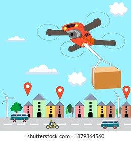 Aviso con drones de entrega con la caja del paquete con el símbolo de ubicación. 
Ilustración vectorial de concepto de entrega de drones.