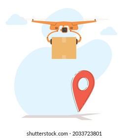 Delivery drone flying with package box and location symbol