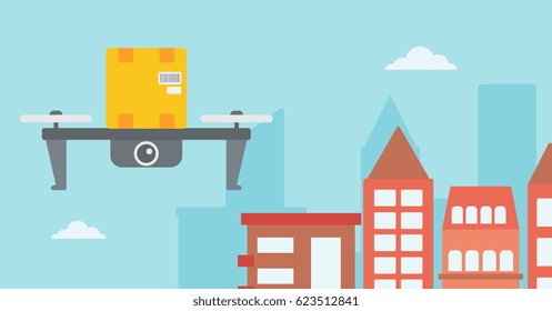 Aviso teledirigido con el paquete poste. Drone entregando el paquete de correo al cliente. Dron cargando un paquete. Concepto de entrega de drones. Ilustración de diseño plana vectorial. Diseño horizontal