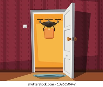 Delivery drone holding a box on doorway. Cartoon vector illustration