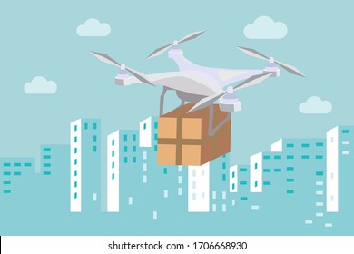 Delivery drone with the package box flying against the city background. Fast and convenient transportation and delivery service concept. Flat design style vector illustration