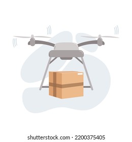 Delivery-Drohne mit dem Paket, Cartoon flach Vektorgrafik. Schnelles und kontaktloses automatisches Postkonzept. Moderner Technologietransfer