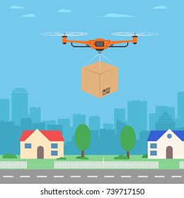 Delivery drone with the package. City background. Modern delivery of the package. Vector illustration.