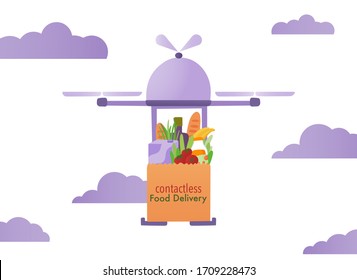 Aviso directo con paquete. Entrega sin contacto de la caja de compras durante la cuarentena. Vector plano, ilustración conceptual.