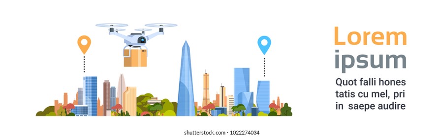 Delivery Drone With Package Over City Background. Fast Air Transportation Concept Template Horizontal Banner Flat Vector Illustration