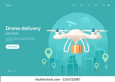 Delivery drone with parcel box flying in city vector illustration. Quadcopter delivery service landing page concept. Large modern white cargo drone. Flat style. Eps 10.