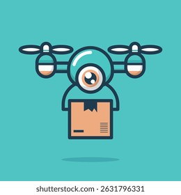 Delivery drone with parcel flying low cartoon flat design illustration