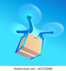 Delivery drone or quadcopter with packet flying in the sky. Fast shipping technology. Vector illustration