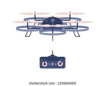 Delivery drone or quadcopter, robotic plane device with wireless controller, flat vector illustration isolated on white background. Quadcopter or unmanned helicopter.