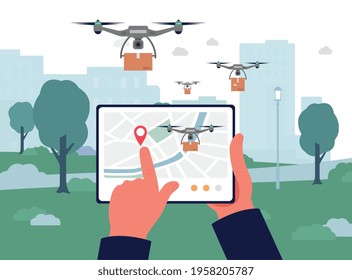 Delivery drone remote control app on tablet screen - hands holding device with map controlling quadcopters flying in air with cardboard shipping boxes. Flat vector illustration.