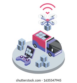 Delivery drone remote control isometric color vector illustration. UAV delivering parcel. Courier service smart technologies. Package shipment 3d concept isolated on white background