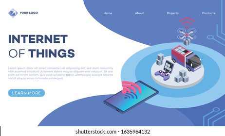 Delivery drone remote control landing page vector template with isometric illustration. UAV delivering parcel. Courier service smart technologies. Website interface design. Webpage 3d concept