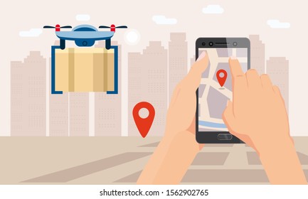 Delivery drone service. Hand hold smartphone application for parcel shipment tracking map. 24 7 delivery flying dron. Vector illustration logistics poster for advertising design template