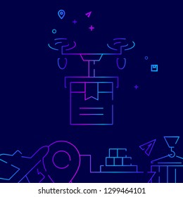 Delivery Drone Vector Line Icon. Quadcopter Gradient Symbol, Pictogram, Sign. Dark Blue Background. Light Abstract Geometric Background. Related Bottom Border
